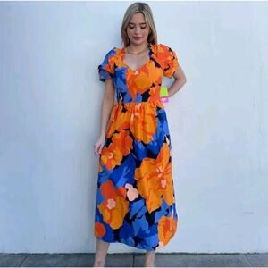 Tabitha Brown Target Orange Blue Floral Tropical Puff Sleeve Midi Dress Size 14